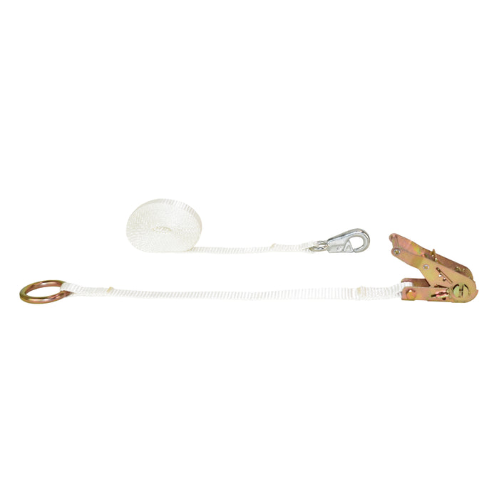 1" X 12' White Tent Wide Handle Ratchet Strap Strap w/ Forged Bull Nose Snap Hook & Round Ring | 3,300 Lbs. Breaking Strength