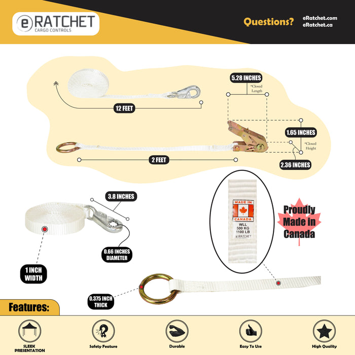 1" X 12' White Tent Wide Handle Ratchet Strap Strap w/ Forged Bull Nose Snap Hook & Round Ring | 3,300 Lbs. Breaking Strength