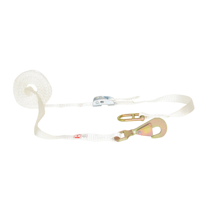1" X 15' White Tent Cam Buckle Strap w/ Twisted Flat Snap Hook & Double D-Ring | 1,300 Lbs. Breaking Strength