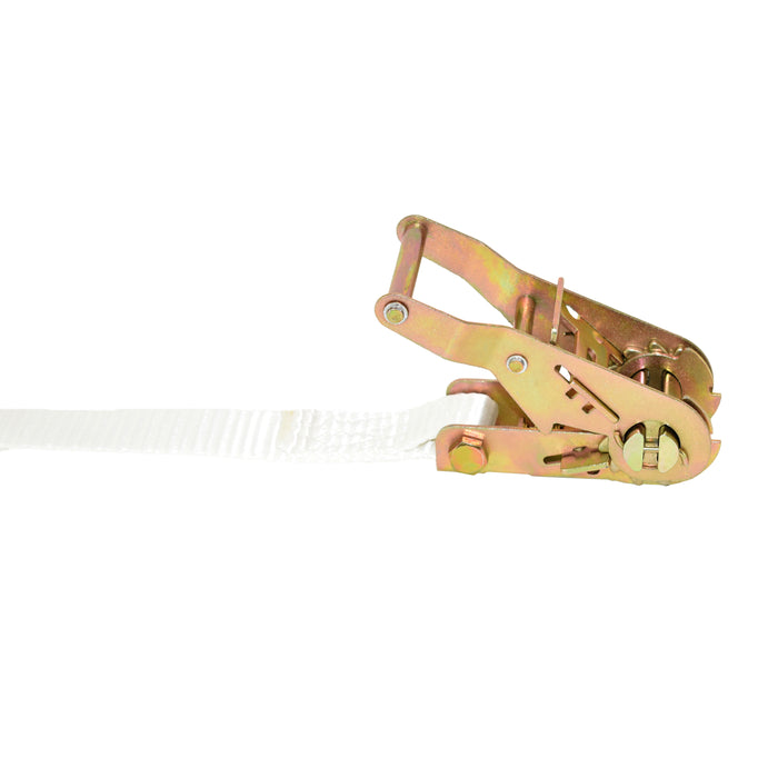 1" X 12' White Tent Wide Handle Ratchet Strap Strap w/ Forged Bull Nose Snap Hook & Round Ring | 3,300 Lbs. Breaking Strength