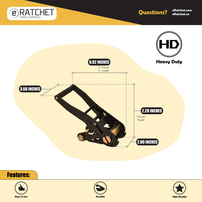 Black Long & Wide Handle Ratchet with finger grip for 2" webbing | 11,000 Lbs. Breaking Strength